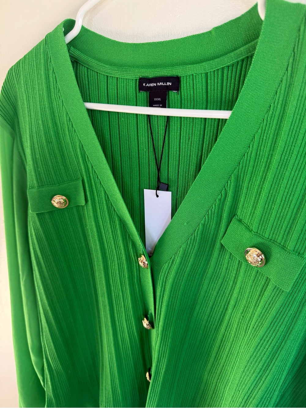 Karen Millen Green Plissé Rib Knit Cardigan Gold Button V-Neck Sweater NWT XXXL - Picture 5 of 12